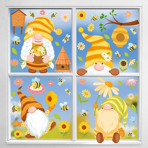 Spring Bee Gnome Window Clings Sunflower Bee Honey Static Decals Glass Decorative Double Sided