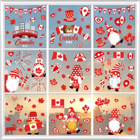 Canada Day Independence Day Static Window Clings Reversible PVC Gnomes Maple Leaf Star Stripe Festival Party Home Glass Decor
