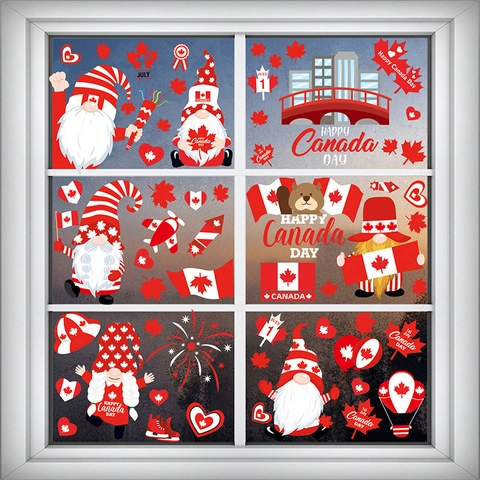 Canada Day Independence Day Static Window Clings Reversible PVC Gnomes Maple Leaf Star Stripe Festival Party Home Glass Decor