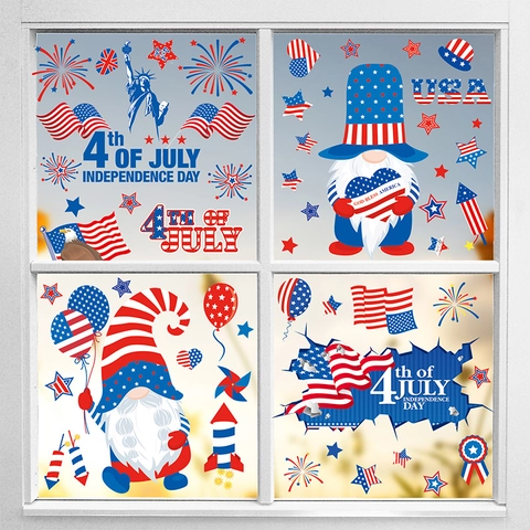 Independence Day Window Clings Static PVC Double Sided Gnome Decorative Decals For Holiday Celebration Party Home