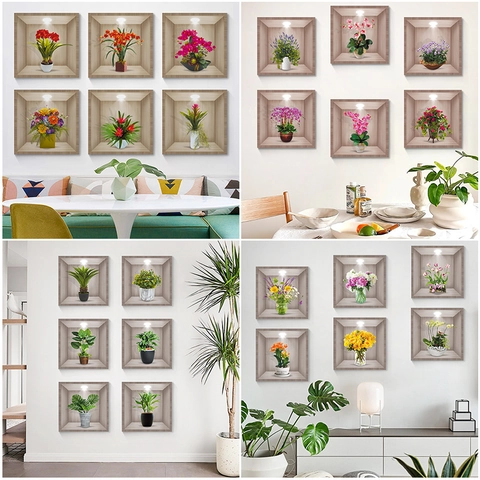 3D Visuele Groene Plant Muurstickers PVC Waterdicht Zelfklevend Gesimuleerde Nis Florale Decals Voor Slaapkamer Woonkamer