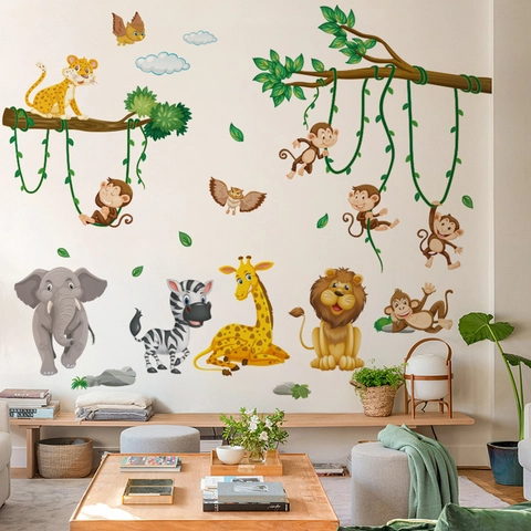 Cartoon Jungle Animals Wall Stickers Waterproof PVC Nursery Decals For Kids Room Bedroom Classroom Decor