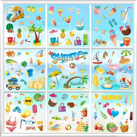 Summer Window Clings PVC Static Double Sided Waterproof Reusable Cartoon Gnome Ocean Beach Tropical Decor Glass Mirror