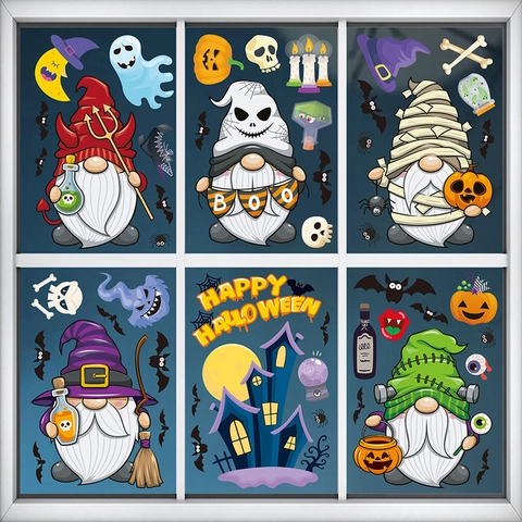 Halloween Window Clings Static Stickers Double Sided Cartoon Gnome Pumpkin Bat Haunted House Glass Party Decoration