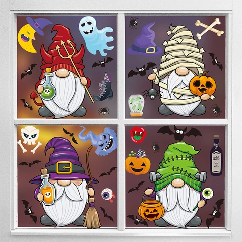 Halloween Window Clings Static Stickers Double Sided Cartoon Gnome Pumpkin Bat Haunted House Glass Party Decoration