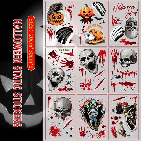 Halloween Horror Skull Blood Handprint Pumpkin Static Window Clings PVC Wall Stickers For Home Party Decoration