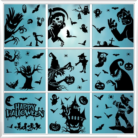 Halloween Window Clings Static PVC Double Sided Silhouette Haunted Castle Ghost Witch Pumpkin Bat Party Decorations