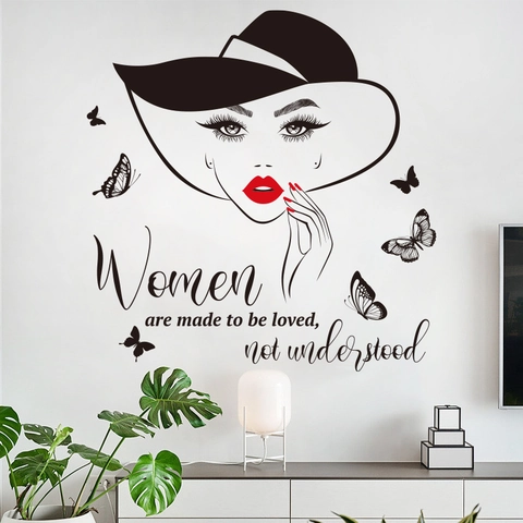 Moderne Vrouwensilhouet Muursticker Met Rode Lippen En Vlinders Quote Waterdicht PVC Kunst Wanddecoratie Voor Woonkamer Slaapkamer