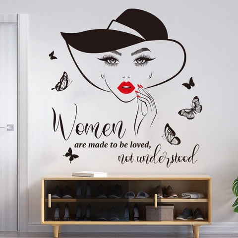 Moderne Vrouwensilhouet Muursticker Met Rode Lippen En Vlinders Quote Waterdicht PVC Kunst Wanddecoratie Voor Woonkamer Slaapkamer