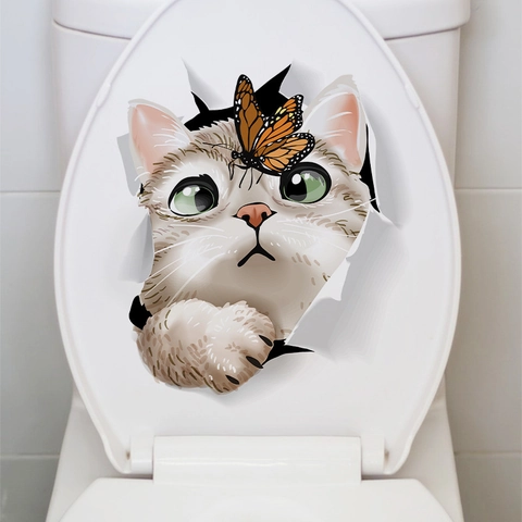 Sticker Toilettes Chat 3D Imperméable PVC Animal Réaliste Papillon Autocollant Mural Décor Salle De Bain Amovible Auto Adhésif