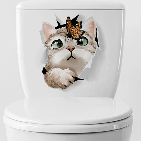 Sticker Toilettes Chat 3D Imperméable PVC Animal Réaliste Papillon Autocollant Mural Décor Salle De Bain Amovible Auto Adhésif