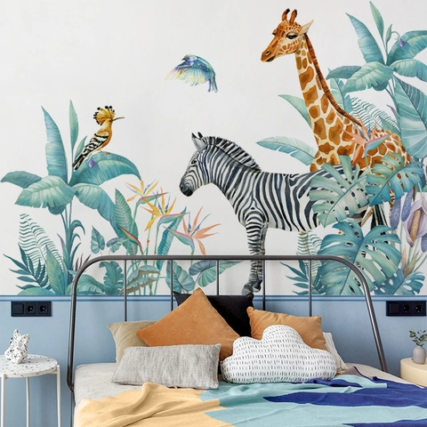 Vinilos Decorativos de Animales Tropicales en Acuarela Jirafa Cebra Abubilla Monstera Hojas de Palma para Habitación Infantil Dormitorio