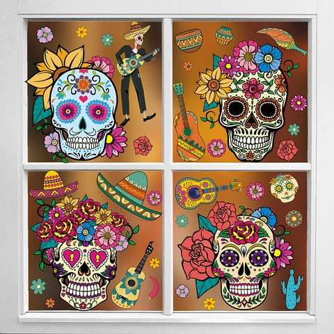 Day Of The Dead Window Clings Mexican Party Decorations Double Sided Static PVC Stickers Sugar Skull Flower Novelty