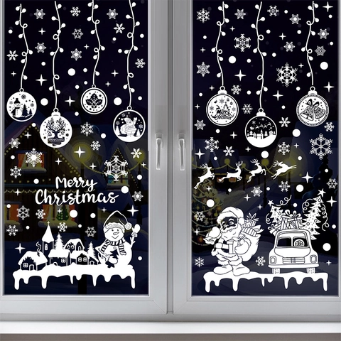 Christmas Window Clings Static PVC Stickers Double Sided Santa Snowman Snowflake Reindeer Holiday Decor Silhouette
