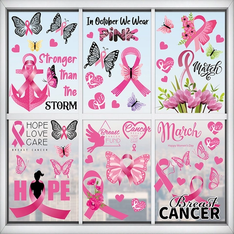 Breast Cancer Awareness Window Clings Pink Ribbon Butterfly Flower Static Cling Double Sided Decorative Glass Decals