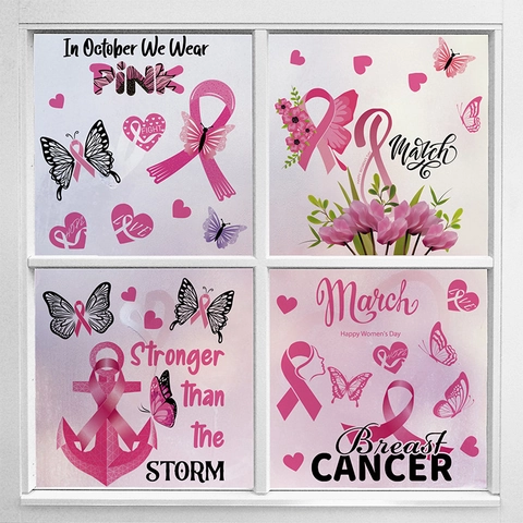 Breast Cancer Awareness Window Clings Pink Ribbon Butterfly Flower Static Cling Double Sided Decorative Glass Decals