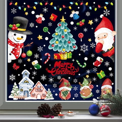Christmas Window Clings Static Stickers Double Sided Santa Claus Snowman Snowflakes Xmas Home Decor Glass Decals Novelty