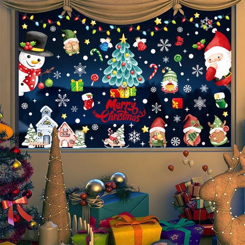 Christmas Window Clings Static Stickers Double Sided Santa Claus Snowman Snowflakes Xmas Home Decor Glass Decals Novelty