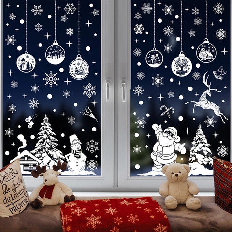 Christmas Window Clings White Snowflake Santa Reindeer Static Sticker Double Sided Glass Decal Holiday Party Decor