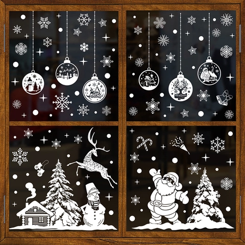Christmas Window Clings White Snowflake Santa Reindeer Static Sticker Double Sided Glass Decal Holiday Party Decor