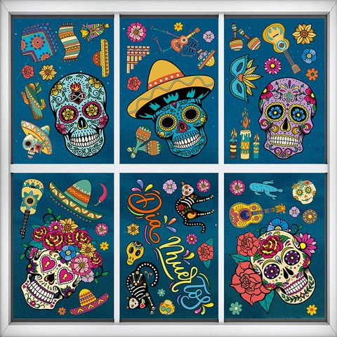 Pegatinas Ventana Día De Los Muertos Decoraciones Fiesta Mexicana Doble Cara Estáticas PVC Calavera De Azúcar Flor