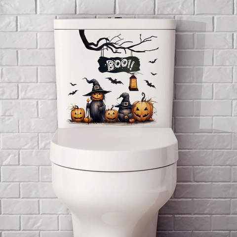 Adesivi Toilette Halloween Impermeabile PVC Decalcomanie Decorazione Serbatoio Bagno Zucca Fantasma Jack-O-Lantern Cappello Strega