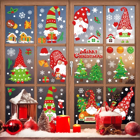 Christmas Window Clings PVC Static Stickers Gnomes Nativity Scene Double Sided Holiday Home Party Decor Cartoon Snowflakes
