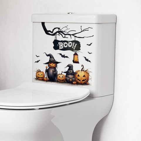 Adesivi Toilette Halloween Impermeabile PVC Decalcomanie Decorazione Serbatoio Bagno Zucca Fantasma Jack-O-Lantern Cappello Strega