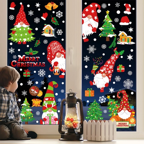Christmas Window Clings PVC Static Stickers Gnomes Nativity Scene Double Sided Holiday Home Party Decor Cartoon Snowflakes
