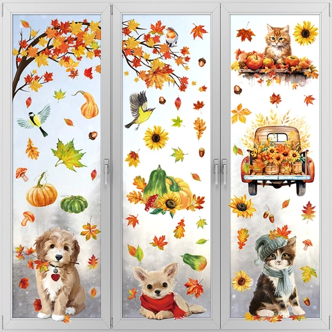 Fall Window Clings Static PVC Double Sided Thanksgiving Cartoon Pets Cats Dogs Maple Leaves Pumpkin Harvest Home Decor