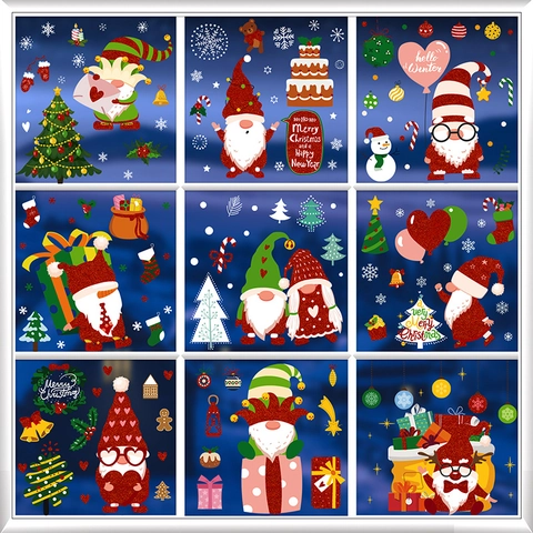 Christmas Window Clings Static Stickers Double Sided Printing Holiday Decor Gnome Reindeer Snowflake Glitter PVC Decal