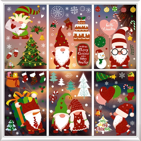 Christmas Window Clings Static Stickers Double Sided Printing Holiday Decor Gnome Reindeer Snowflake Glitter PVC Decal