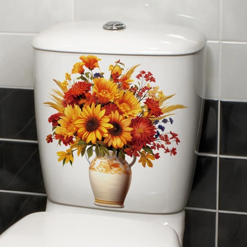 Waterdichte PVC Toiletsticker Vintage Bloemvaas Zonnebloem Patroon Badkamer Decor Zelfklevende Muursticker