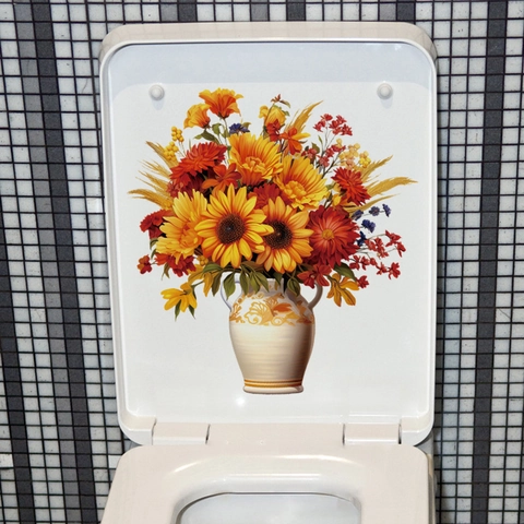 Waterdichte PVC Toiletsticker Vintage Bloemvaas Zonnebloem Patroon Badkamer Decor Zelfklevende Muursticker