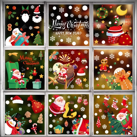 Christmas Window Stickers Static Cling PVC Removable Cartoon Santa Snowman Gingerbread Man Glass Decoration Festive Party Home