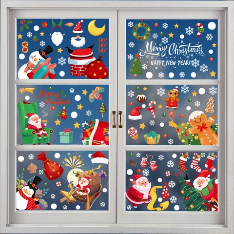 Christmas Window Stickers Static Cling PVC Removable Cartoon Santa Snowman Gingerbread Man Glass Decoration Festive Party Home