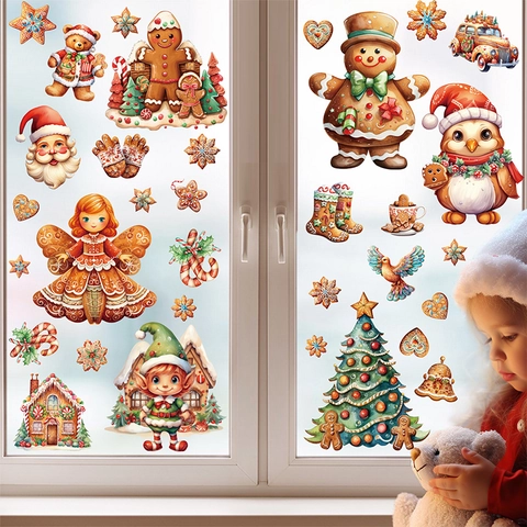 Christmas Window Stickers Gingerbread Man Santa Claus Static Cling Double Sided PVC Reusable Holiday Party Decor