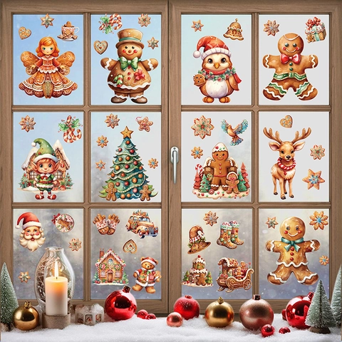 Christmas Window Stickers Gingerbread Man Santa Claus Static Cling Double Sided PVC Reusable Holiday Party Decor