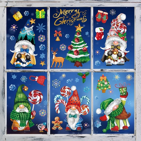 Christmas Window Clings PVC Static Stickers Cartoon Gnome Snowflake Candy For Holiday Home Glass Decoration Festive Double Sided