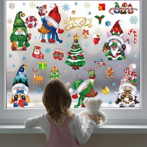 Christmas Window Clings PVC Static Stickers Cartoon Gnome Snowflake Candy For Holiday Home Glass Decoration Festive Double Sided