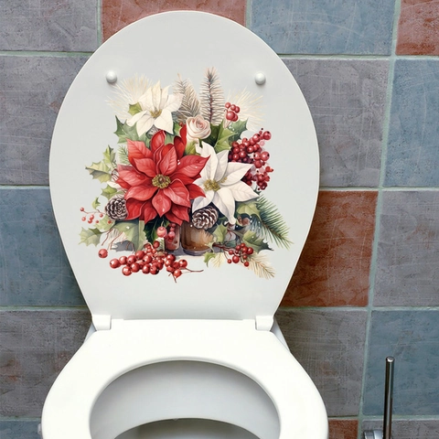 Watercolor Christmas Poinsettia Floral Toilet Lid Decal Waterproof PVC Bathroom Sticker Bird Wreath Holiday Home Decor