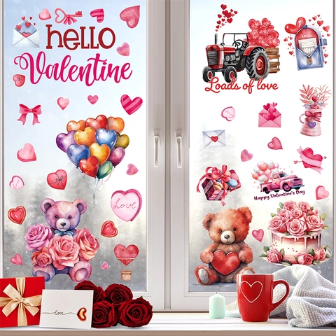Valentine Day Window Clings Static Stickers Double Sided Romantic Heart Teddy Bear Gnomes Glass Decor