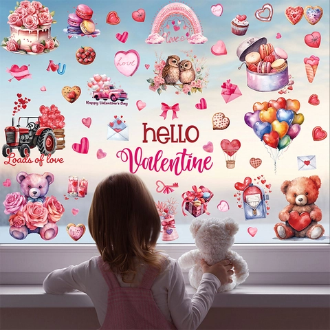 Valentine Day Window Clings Static Stickers Double Sided Romantic Heart Teddy Bear Gnomes Glass Decor
