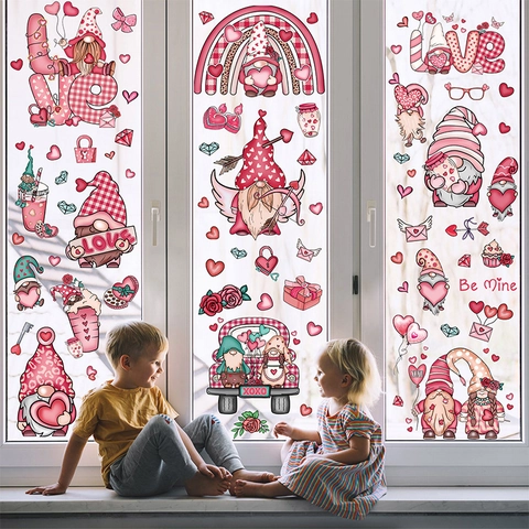 Valentines Day Window Clings Static Stickers Double Sided Gnome Heart Monster Decoration For Glass Door Mirror Home