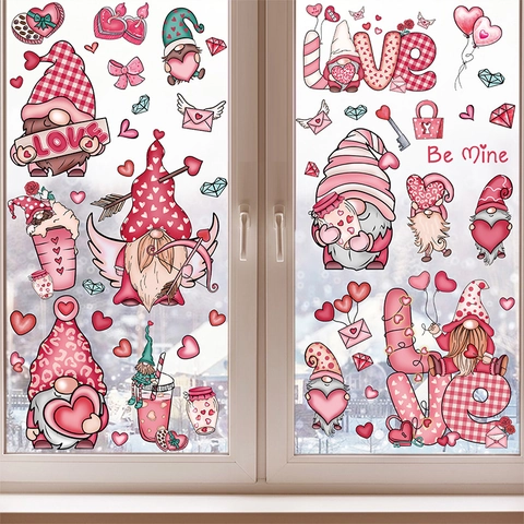 Valentines Day Window Clings Static Stickers Double Sided Gnome Heart Monster Decoration For Glass Door Mirror Home