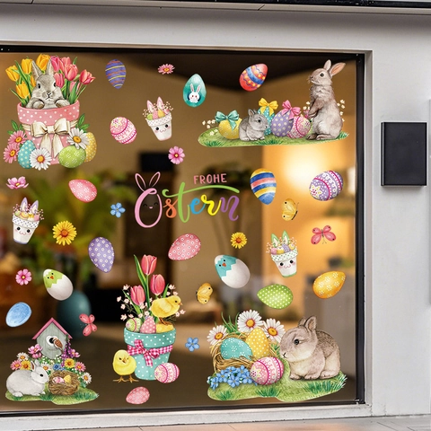 Easter Window Clings Rabbit Egg Static Film Double Sided Stickers Glass Spring Party Home Decor Removable Reusable Cartoon