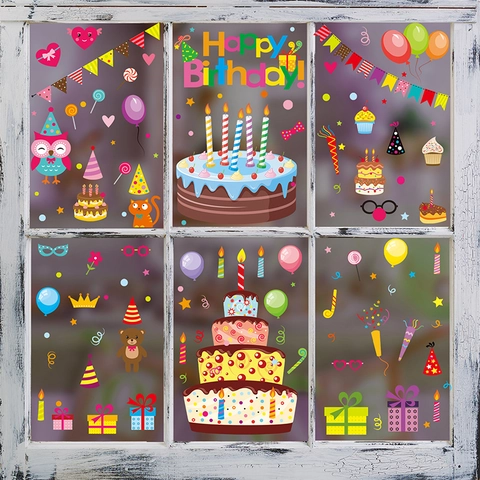 Adesivi Finestra Buon Compleanno Doppia Faccia Statici PVC Cartone Animato Colorato Torta Palloncini Decorazione Per Festa Vetro