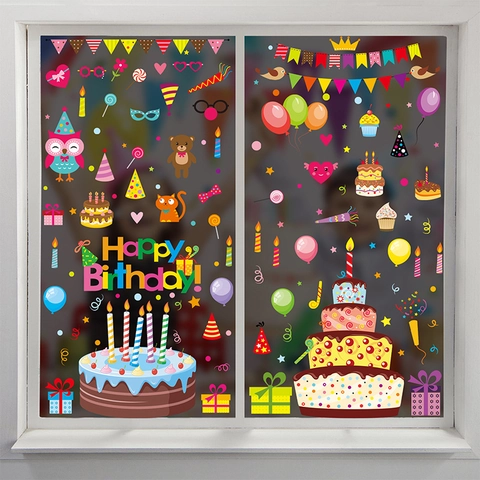 Adesivi Finestra Buon Compleanno Doppia Faccia Statici PVC Cartone Animato Colorato Torta Palloncini Decorazione Per Festa Vetro