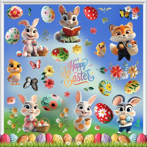 Happy Easter Window Clings Static Stickers Cartoon Bunny Fox Chick Easter Eggs Double Sided PVC Holiday Glass Window Decals For Party Home Decor