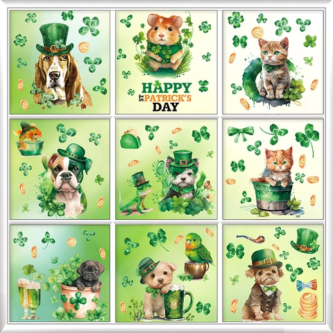 St Patricks Day Window Clings Static Stickers Shamrock Gnomes Cute Animals Double Sided PVC Home Office Decor Waterproof